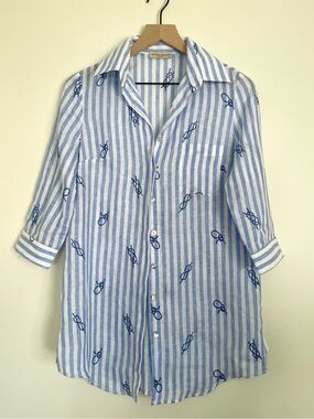 Sartoria Saracena Italian Linen Blue Striped Button-Down Shirt